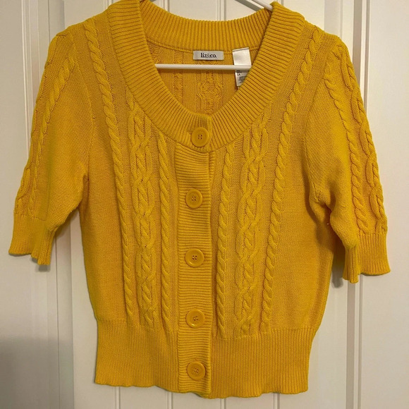 Liz & Co. Yellow Chunky Cable Knit Elbow Sleeve Cardigan Sweater Size Large - Picture 1 of 10
